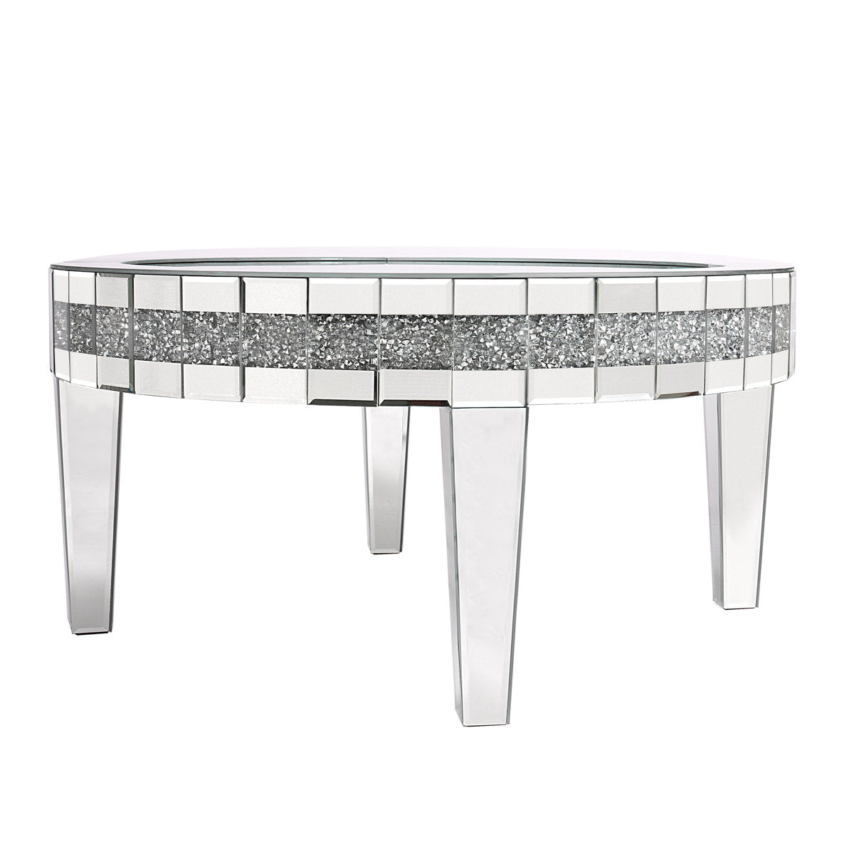 Round Coffee Table, Mirrored Glass Top with Four Legs, Silver