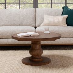 Round Coffee Table, Reclaimed Pine with Pedestal Base in Mission Brown