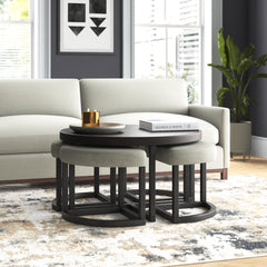 Round Coffee Table Set, 5 Pieces with Four Stools, Black Iron Base