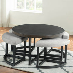 Round Coffee Table Set, 5 Pieces with Four Stools, Black Iron Base