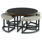 Round Coffee Table Set, 5 Pieces with Four Stools, Black Iron Base