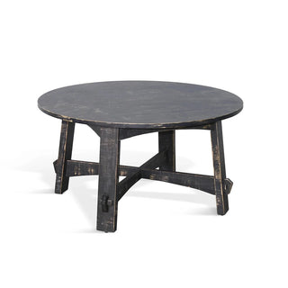 Round Coffee Table, Solid Mahogany Wood, Planked Top, Four-Leg Base