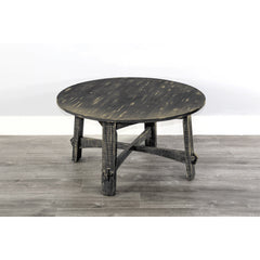 Round Coffee Table, Solid Mahogany Wood, Planked Top, Four-Leg Base