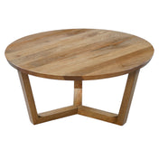 Round Coffee Table, Solid Mango Wood in Brown with Cross-Leg Base