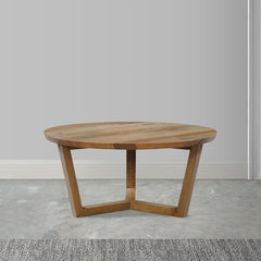 Round Coffee Table, Solid Mango Wood in Brown with Cross-Leg Base