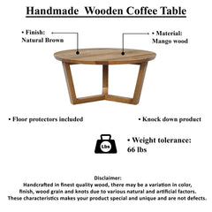 Round Coffee Table, Solid Mango Wood in Brown with Cross-Leg Base