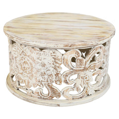 Round Coffee Table, Solid Mango Wood with White Distressed Finish