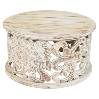 Round Coffee Table, Solid Mango Wood with White Distressed Finish