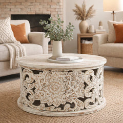 Round Coffee Table, Solid Mango Wood with White Distressed Finish