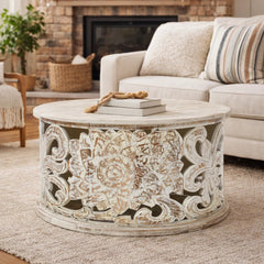 Round Coffee Table, Solid Mango Wood with White Distressed Finish