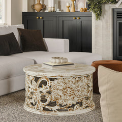 Round Coffee Table, Solid Mango Wood with White Distressed Finish