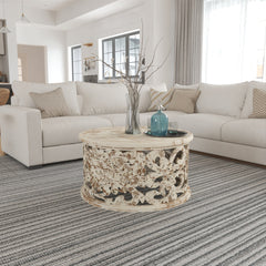 Round Coffee Table, Solid Mango Wood with White Distressed Finish