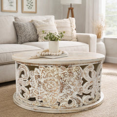 Round Coffee Table, Solid Mango Wood with White Distressed Finish