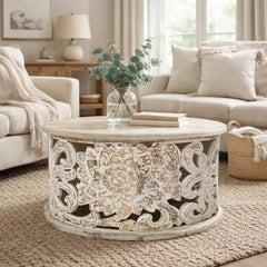 Round Coffee Table, Solid Mango Wood with White Distressed Finish