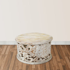 Round Coffee Table, Solid Mango Wood with White Distressed Finish