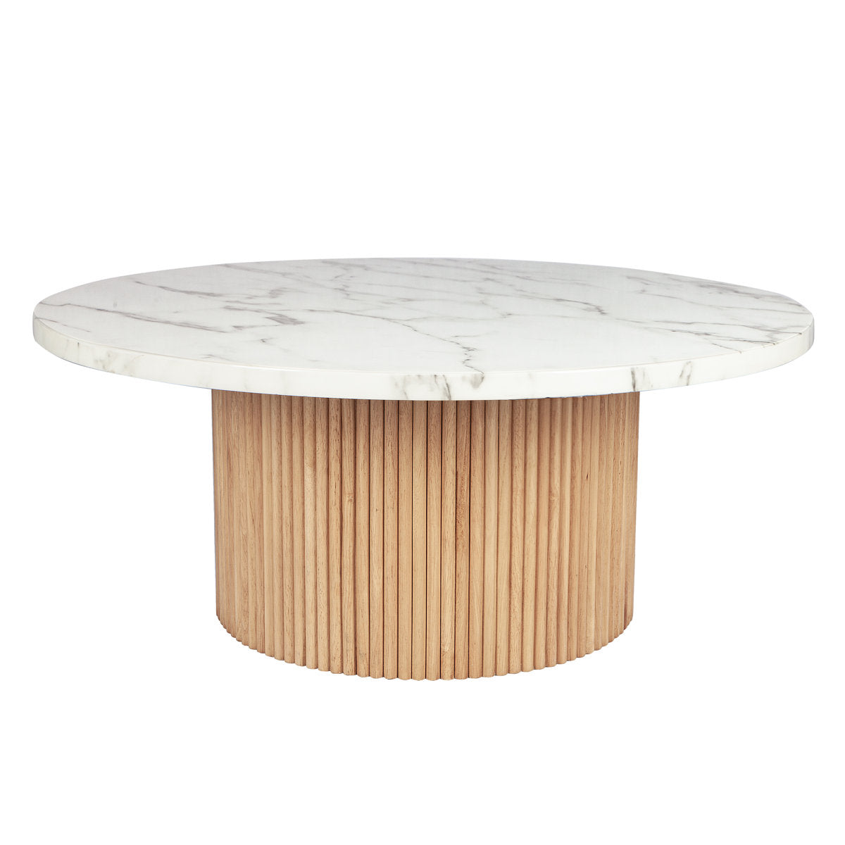 Round Coffee Table, White Faux Marble Top with Wood Slat Base