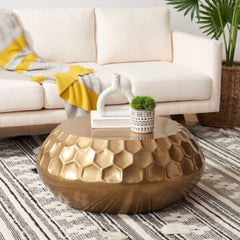 Round Coffee Table with Brass Iron Drum Base and Top