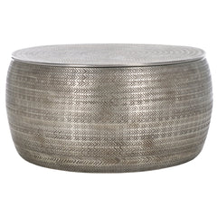 Round Coffee Table with Hidden Storage in Hammered Aluminum, Silver