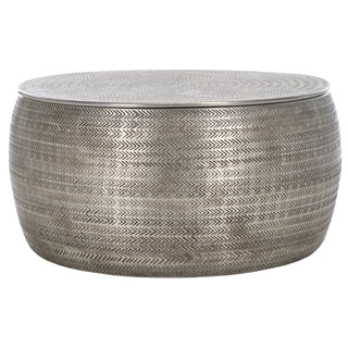 Round Coffee Table with Hidden Storage in Hammered Aluminum, Silver
