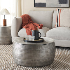 Round Coffee Table with Hidden Storage in Hammered Aluminum, Silver
