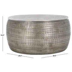 Round Coffee Table with Hidden Storage in Hammered Aluminum, Silver