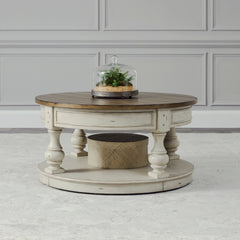 Round Coffee Table with Lower Shelf, Brown Top and Antique White Base