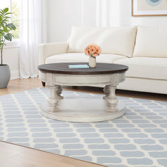Round Coffee Table with Lower Shelf, Brown Top and Antique White Base