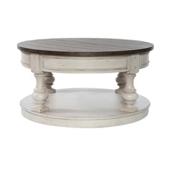 Round Coffee Table with Lower Shelf, Brown Top and Antique White Base