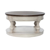 Round Coffee Table with Lower Shelf, Brown Top and Antique White Base