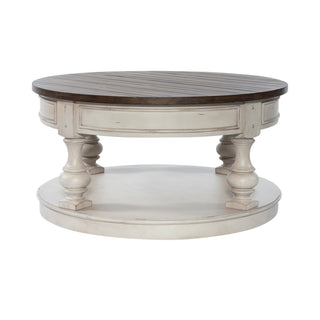 Round Coffee Table with Lower Shelf, Brown Top and Antique White Base
