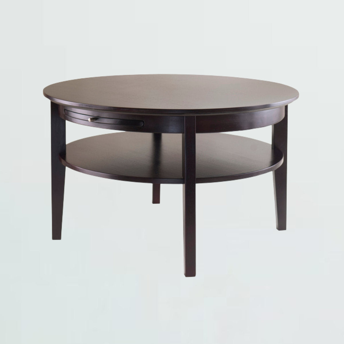 Round Coffee Table with Pull-Out Tray and Shelf in Espresso Finish