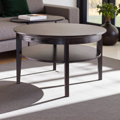 Round Coffee Table with Pull-Out Tray and Shelf in Espresso Finish