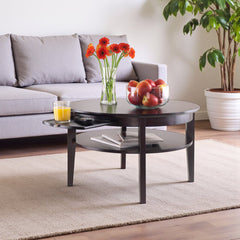 Round Coffee Table with Pull-Out Tray and Shelf in Espresso Finish
