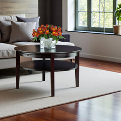 Round Coffee Table with Pull-Out Tray and Shelf in Espresso Finish