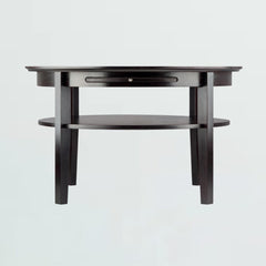 Round Coffee Table with Pull-Out Tray and Shelf in Espresso Finish