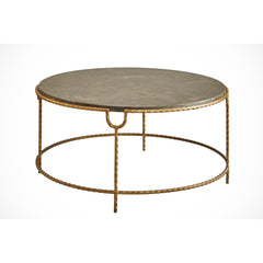 Round Coffee Table with Satin Gold Iron Base and Bluestone Top