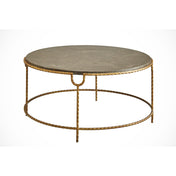 Round Coffee Table with Satin Gold Iron Base and Bluestone Top