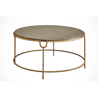 Round Coffee Table with Satin Gold Iron Base and Bluestone Top