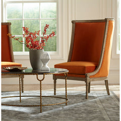Round Coffee Table with Satin Gold Iron Base and Bluestone Top