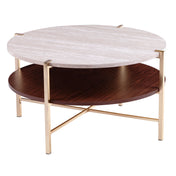Round Coffee Table with Shelf, White Top, Gold Base
