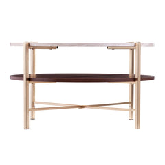 Round Coffee Table with Shelf, White Top, Gold Base