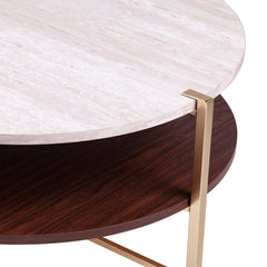 Round Coffee Table with Shelf, White Top, Gold Base