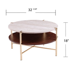 Round Coffee Table with Shelf, White Top, Gold Base