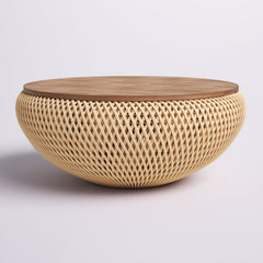 Round Coffee Table with Storage, Teak Top, Natural Rattan Base