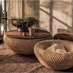 Round Coffee Table with Storage, Teak Top, Natural Rattan Base