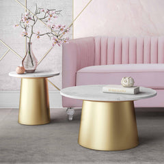 Round Coffee Table with White Marble Top and Gold Base