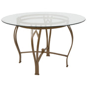 Round Dining Table, Clear Glass Top, Gold Metal Pedestal Base