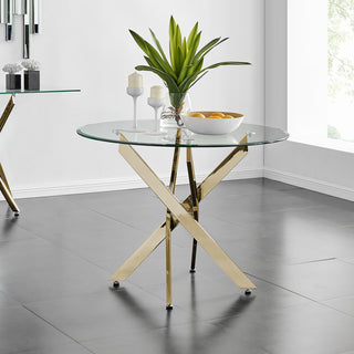 Round Dining Table for 4, Clear Glass Top with Gold Pedestal Base