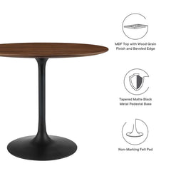Round Dining Table, Seats 4, Walnut Manufactured Wood Top, Black Metal Pedestal Base