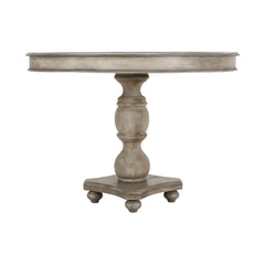 Round Dining Table, Solid Wood, Gray White Wash Top, Light Brown Pedestal Base